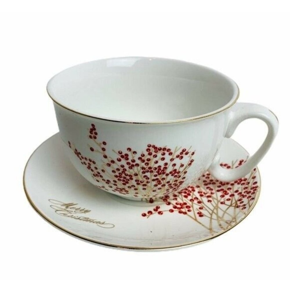 Graces Teaware Cup Saucer Oversized Merry Christmas Red Holly Gold Writing Rare